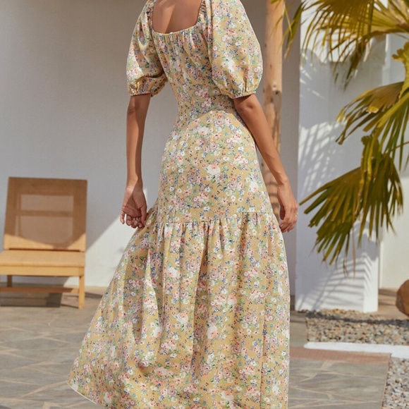 Boho Yellow Floral Button Puff Sleeve Midi Dress - Picture 5 of 6